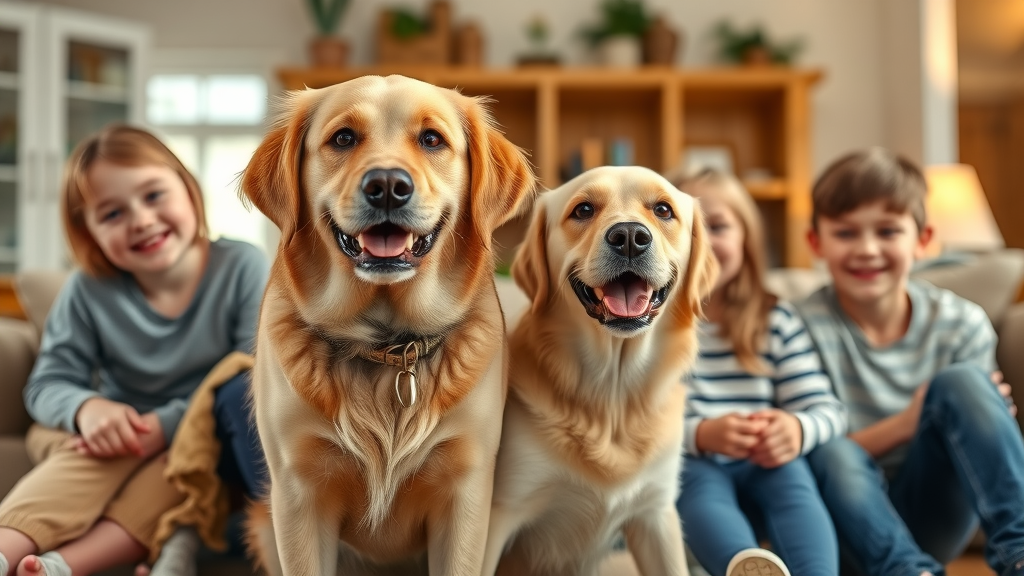 cheerful golden retriever and black labrador sitting with children in a family room, best family dog breeds.