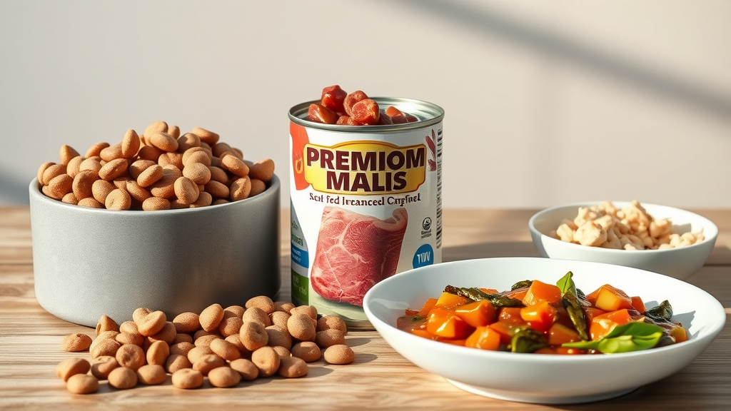 contrasting dog foods, bowl of kibble, wet food, raw meat, balanced home-cooked meal, optimal dog nutrition comparison