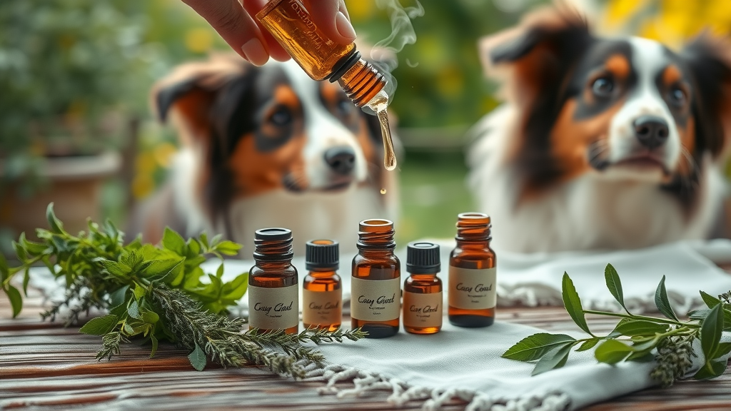 essential oil bottles and herbal plants dog safe natural pet remedies