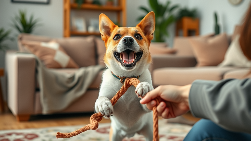 dog playing tug-of-war with owner in living room, indoor dog exercise ideas