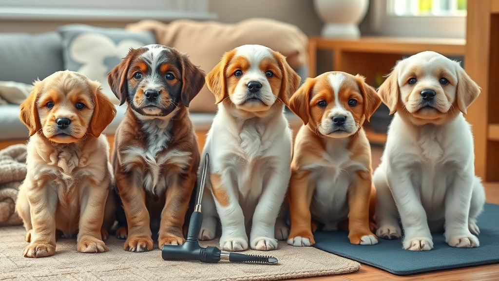 Diverse group of puppy breeds with the best grooming tools for their unique coat types in a home setting