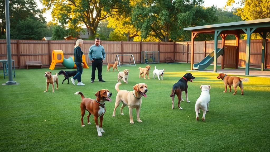 board-and-train facility with dogs and professional trainers in a supervised outdoor play area