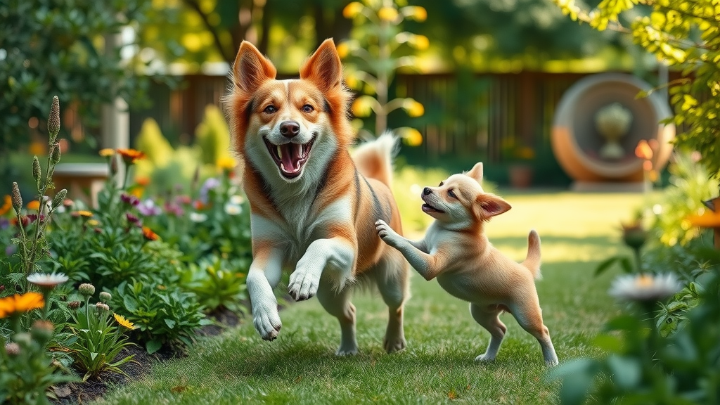 healthy mature dog and playful puppy in a lush backyard, showing natural pet wellness and vitality