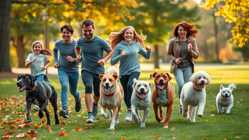 active family outdoors, dogs for families, beagle, poodle, retriever, jogging through park, autumn, energetic, laughing children