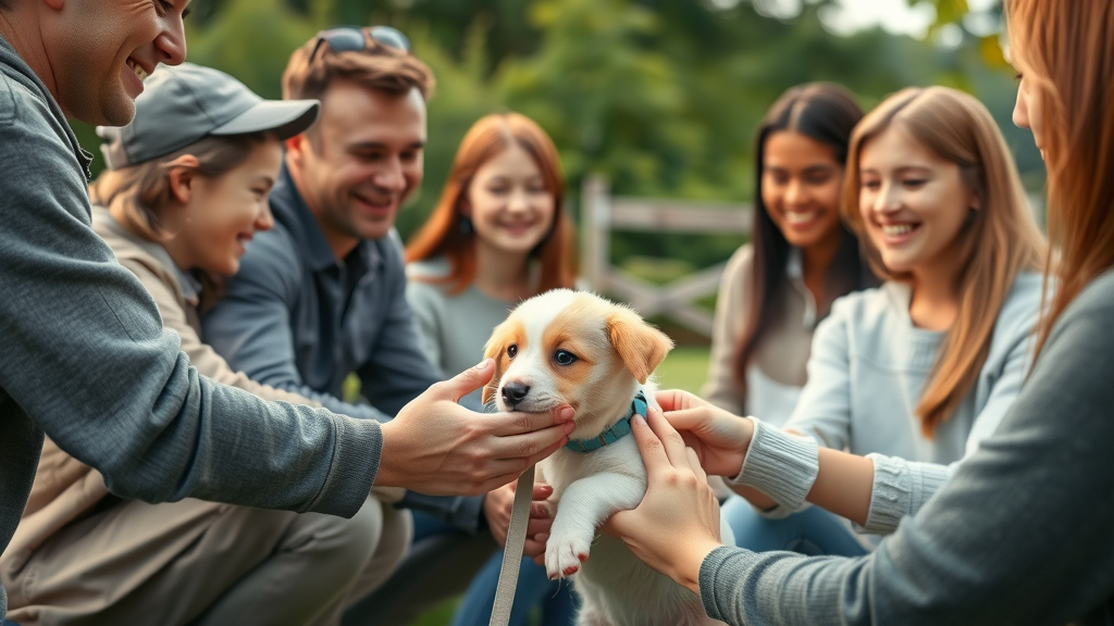 puppy socialization - Curious puppy meeting diverse group of people, relaxed at a dog park