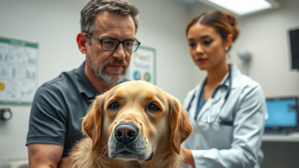 concerned pet owner with golden retriever consulting veterinarian in a modern exam room, discussing dog heart health and diet