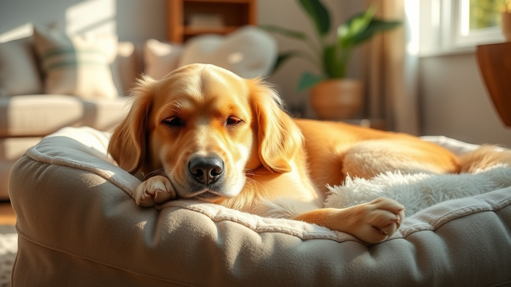 Comforting elderly golden retriever resting peacefully on a plush dog bed, cozy home setting, end of life care for dogs