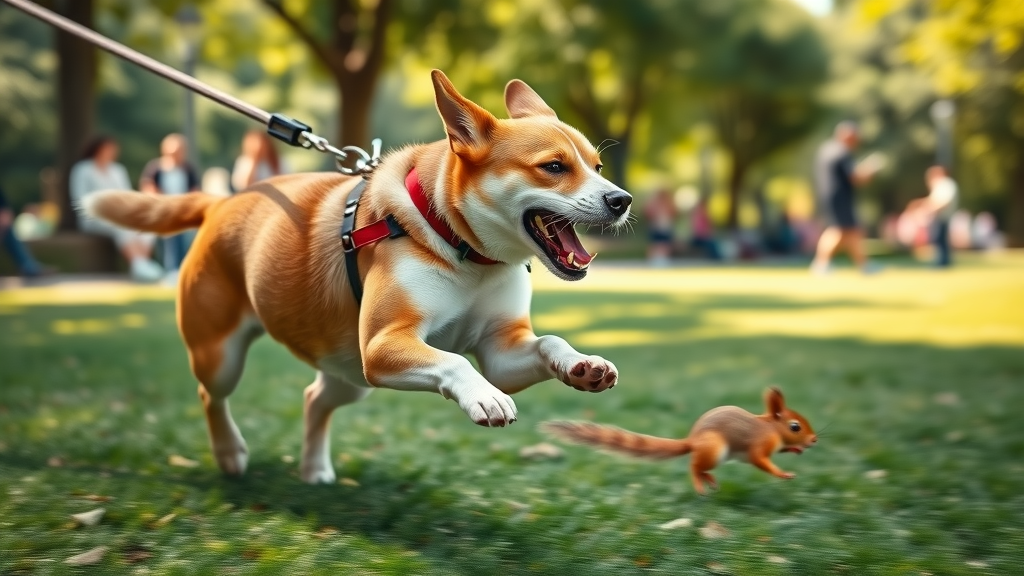Dog lunging at fast-moving small animal like a squirrel, leash held tightly by unseen owner, defensive and predatory aggression in dogs