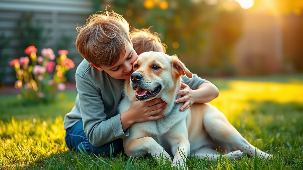 heartwarming bond of a child hugging a senior family dog in a sunlit backyard, showing the love between the best family dogs and their families.