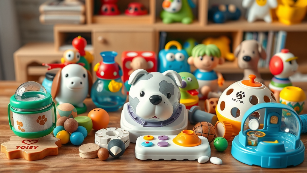 arrangement of top-rated puzzle toys, slow feeders, mental stimulation for dogs, tabletop product display