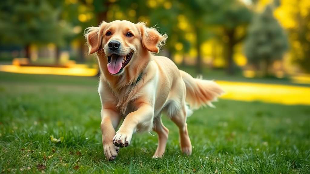 vibrant healthy golden retriever running through lush green park, highlighting dog nutrition and natural supplements
