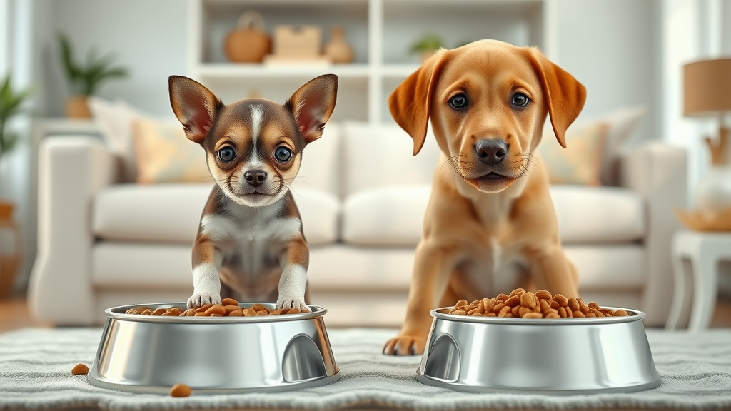 tiny Chihuahua puppy and large Labrador puppy with custom bowl portions - small breed vs large breed puppy food