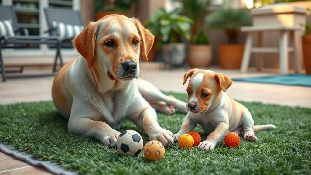 Mature senior dog and young puppy playing gently outdoors during outdoor dog games