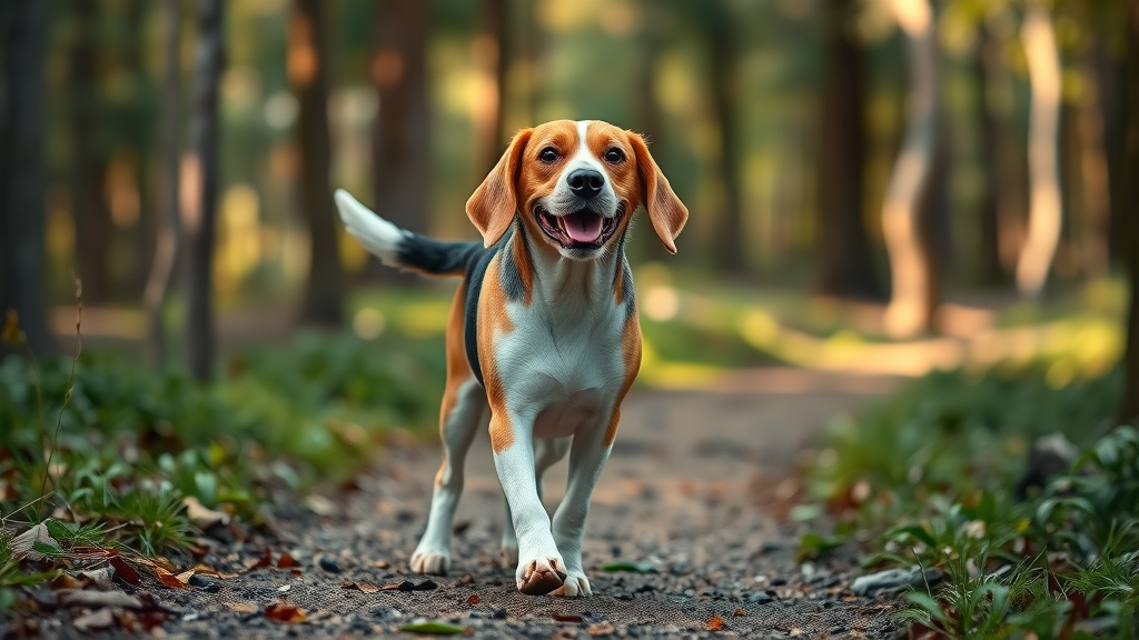 elderly beagle leisurely walking on forest trail - safe regular exercise for senior dogs