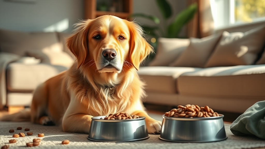 content senior golden retriever by high-quality dog food aging dog nutrition peaceful cozy living room sunlight natural fur textures tail wagging warm earth tones gentle daylighting