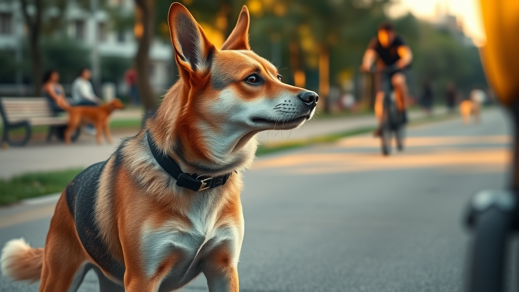 Alert medium-sized dog, intense expression, bristling fur, and rigid stance reacting to an approaching bicycle in an urban park.