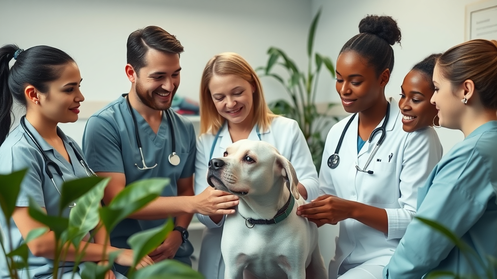 Diverse veterinary team collaborating with pet owner and elderly dog, veterinary consultation room, end of life care for dogs