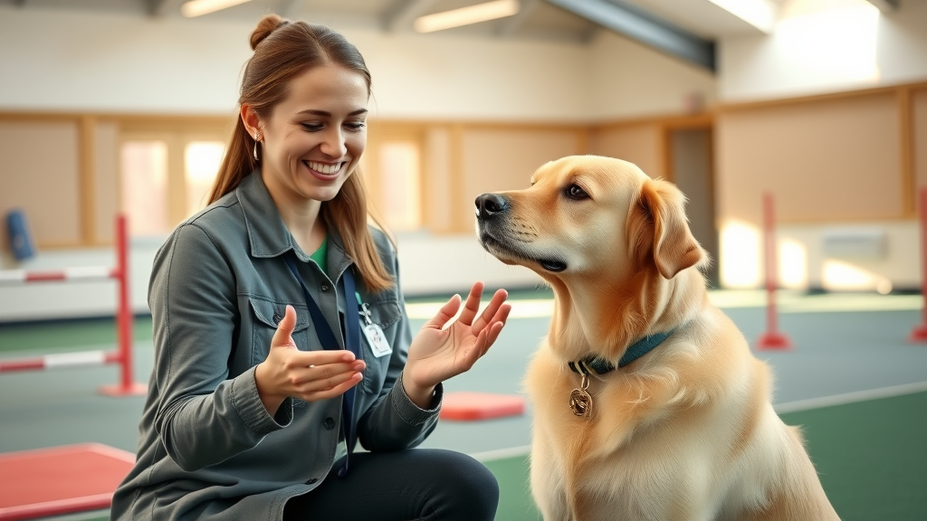 professional dog trainers demonstrating positive reinforcement with a golden retriever in a bright dog training facility