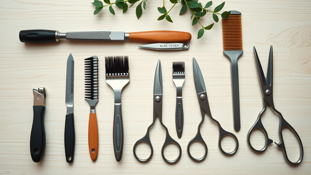 Organized puppy grooming tools including slicker brush, pin brush, combs, nail clippers, and scissors for dog grooming kit