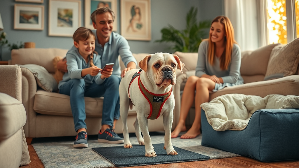 Family supports senior dog with arthritis using a harness, comfort mat, and orthopedic bed in cozy living room