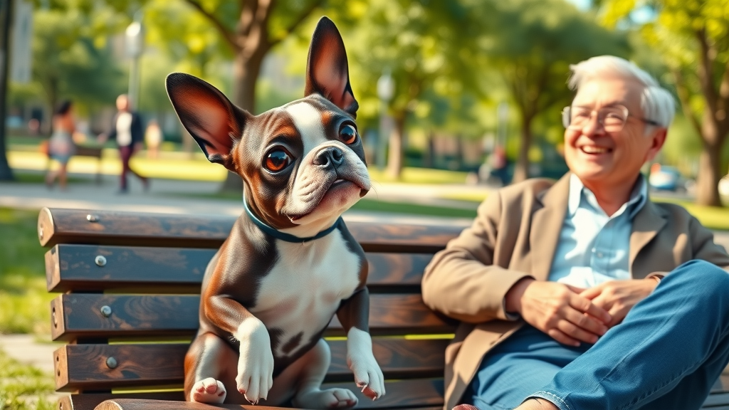 playful boston terrier with expressive eyes, friendly dog breed, sitting on a park bench with a smiling elderly man