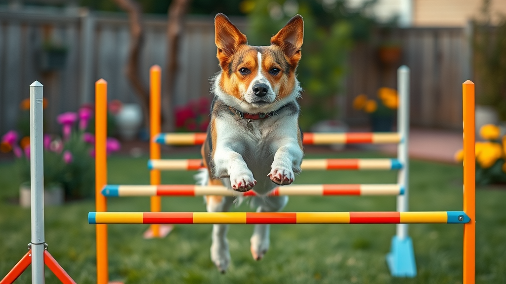 athletic dog leaping over agility hurdles in backyard, backyard agility dog exercise ideas