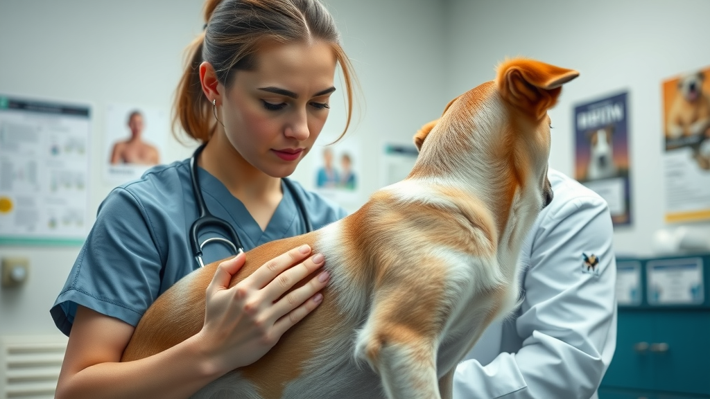 Veterinarian examining an elderly dog for signs of arthritis in a clinic setting