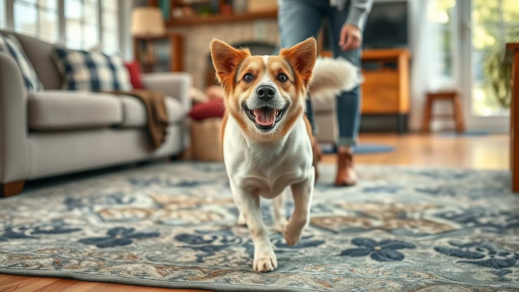 Content senior mixed-breed dog walking safely on slip-proof rug in a cozy, pet-friendly home—older dog care at home