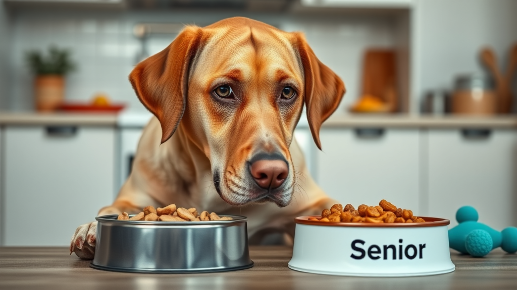 healthy mature Labrador retriever eating from adult and senior food bowls aging dog nutrition modern kitchen body condition food color detail