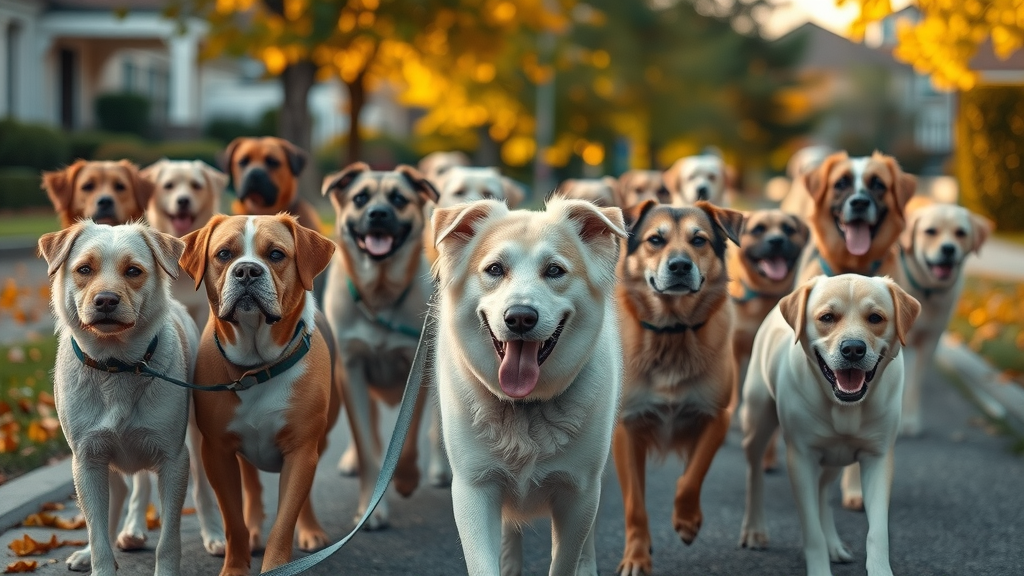 diverse group of senior dogs walking calmly with owners - senior dog exercise tips photo