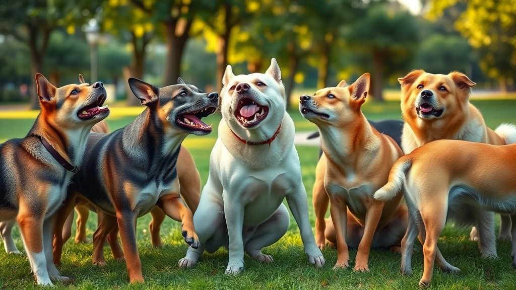 Dogs of various breeds interacting, one dog displaying teeth and stiff body, others reacting with caution, outdoor park, dog aggression warning sign