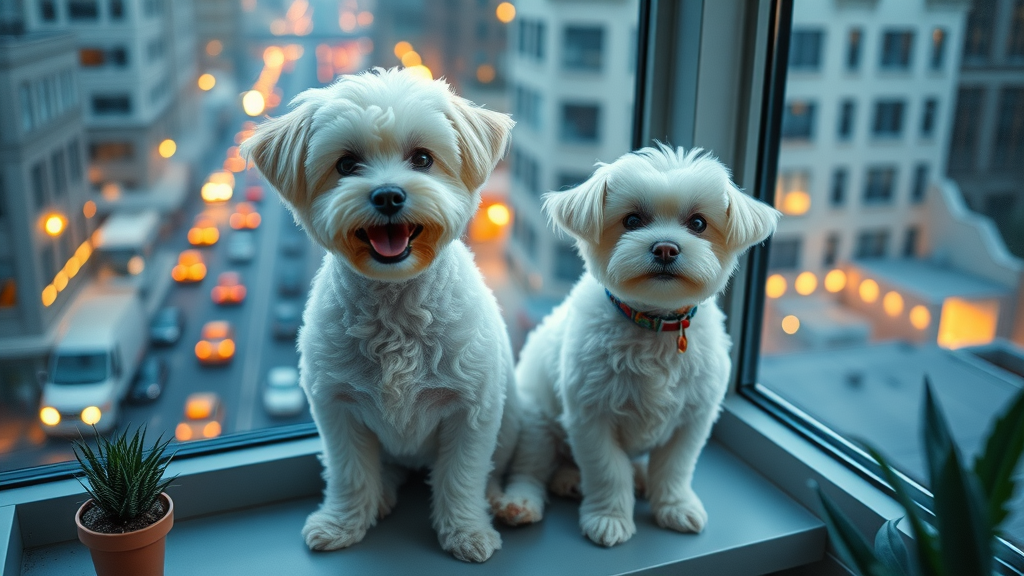 adorable bichon frise and maltese, small dogs for families, playful, window seat, city apartment, white coats, indoor plants, urban living