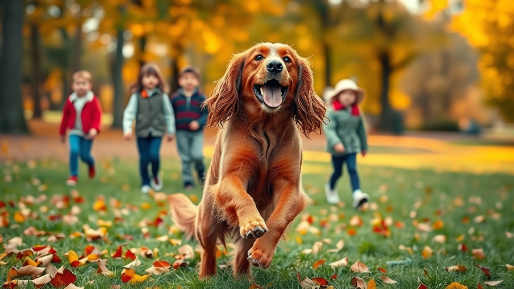 active irish setter playing fetch with kids in an autumn park, loyal and energetic family pet.