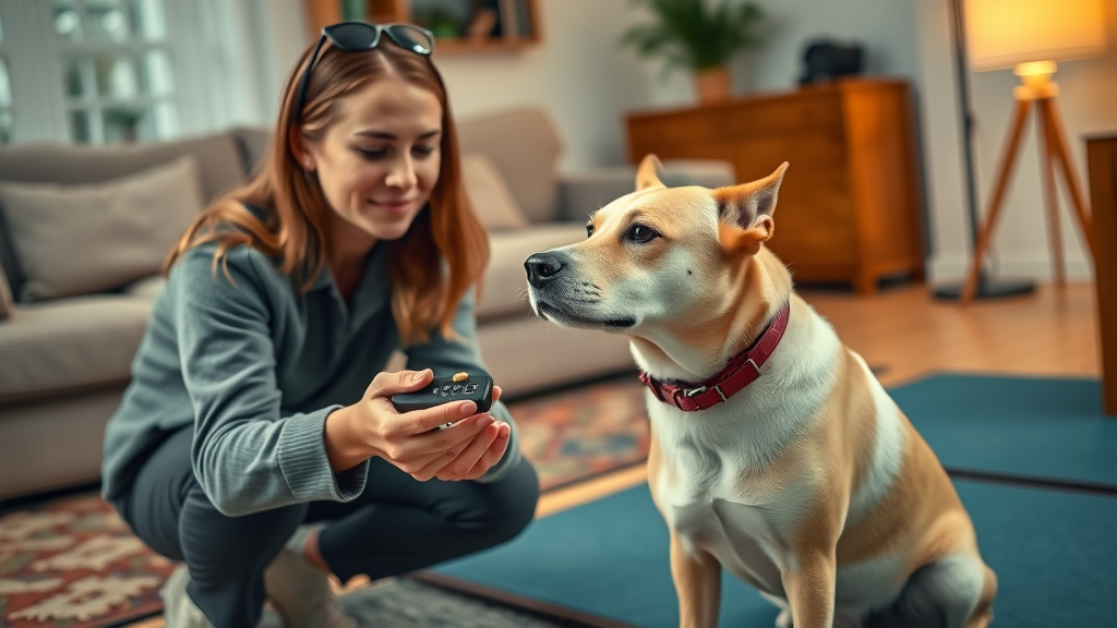 dog trainer using clicker and treats, applying positive reinforcement training, focused calm dog during training session