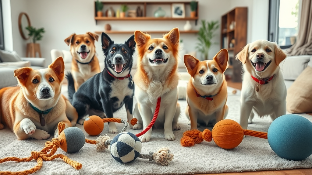 indoor dog activities group of dogs playing interactive tug rope toys modern living area