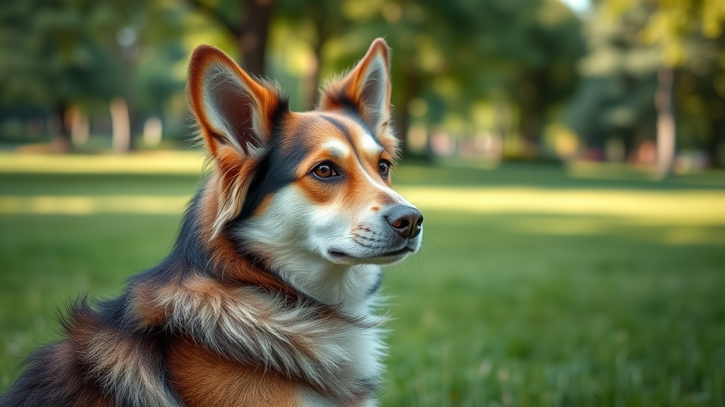 Attentive dog with relaxed expression, observing a calm trainer during dog training in a green park, calm dog training methods outdoor