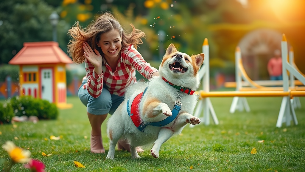 joyful dog owner and dog celebrating agility run, magical garden with whimsical obstacles, cheerful and bright