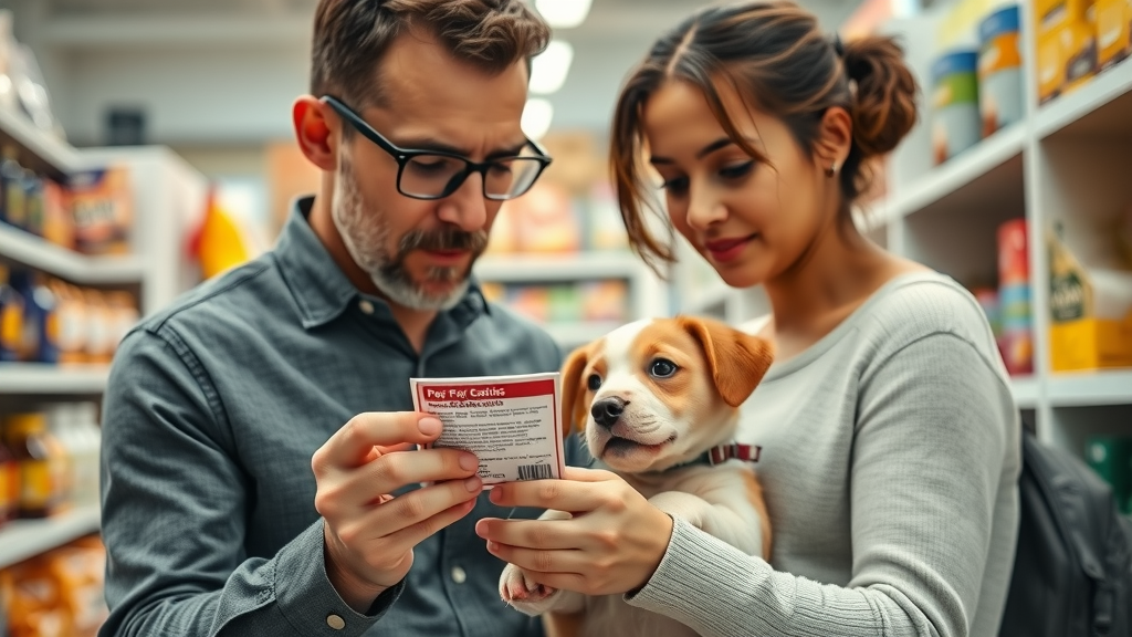 responsible pet owner examining puppy chew toy label for safety certification - essential puppy gear