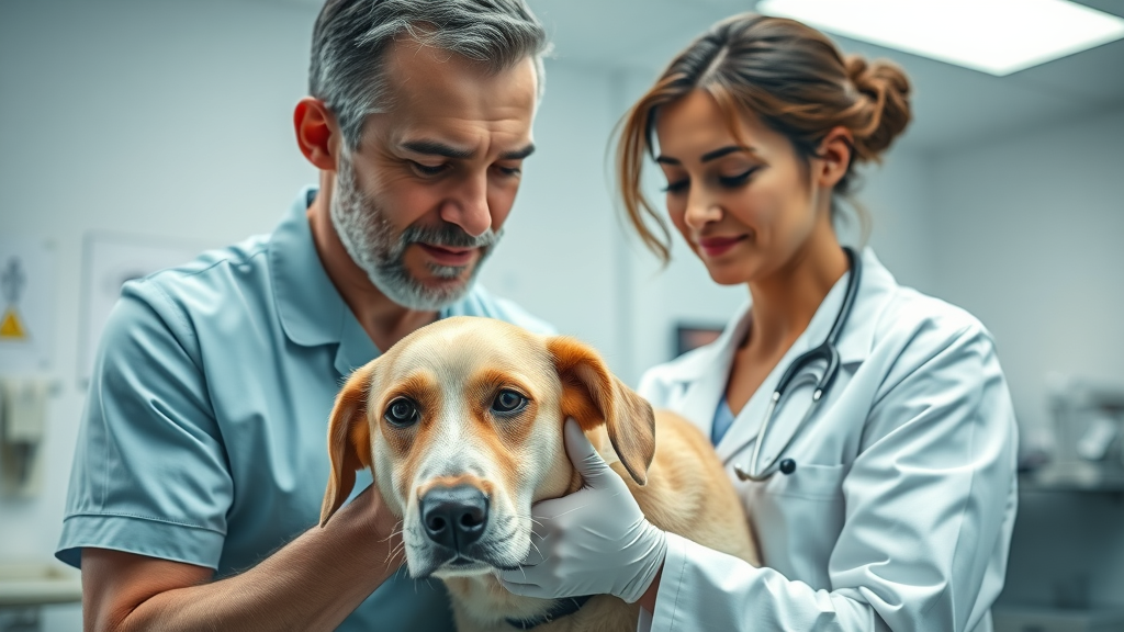 Veterinarian gently inspecting a senior dog