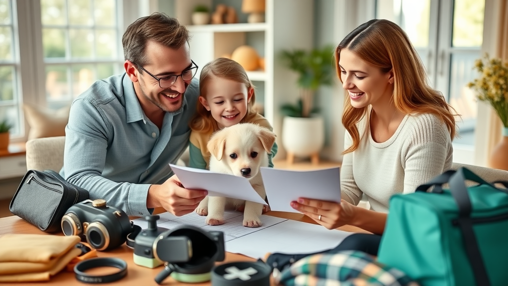 happy family with new puppy reviewing puppy gear checklist at home - new puppy essential puppy gear