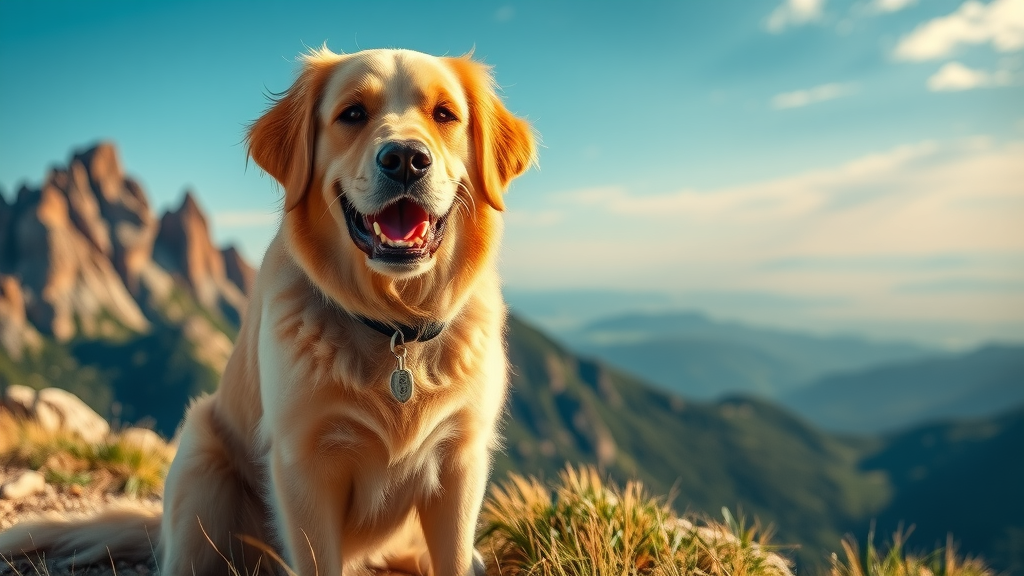 majestic Golden Retriever content next to hiker, scenic mountain, warm golden hues, golden retriever
