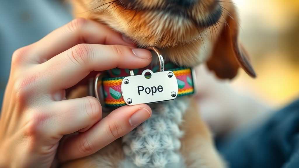 Close-up of a colorful puppy collar and engraved ID tag, cheerful hands fastening tag on collar, blurred puppy in the background