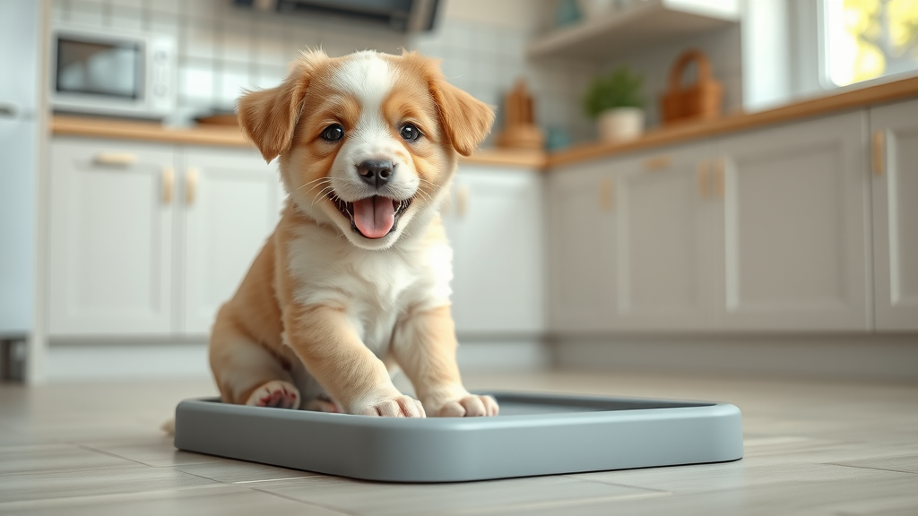 adorable puppy using a puppy pad indoors during potty training - essential puppy gear