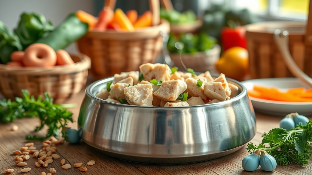 bowl of organic dog food with chicken, vegetables, and whole grains