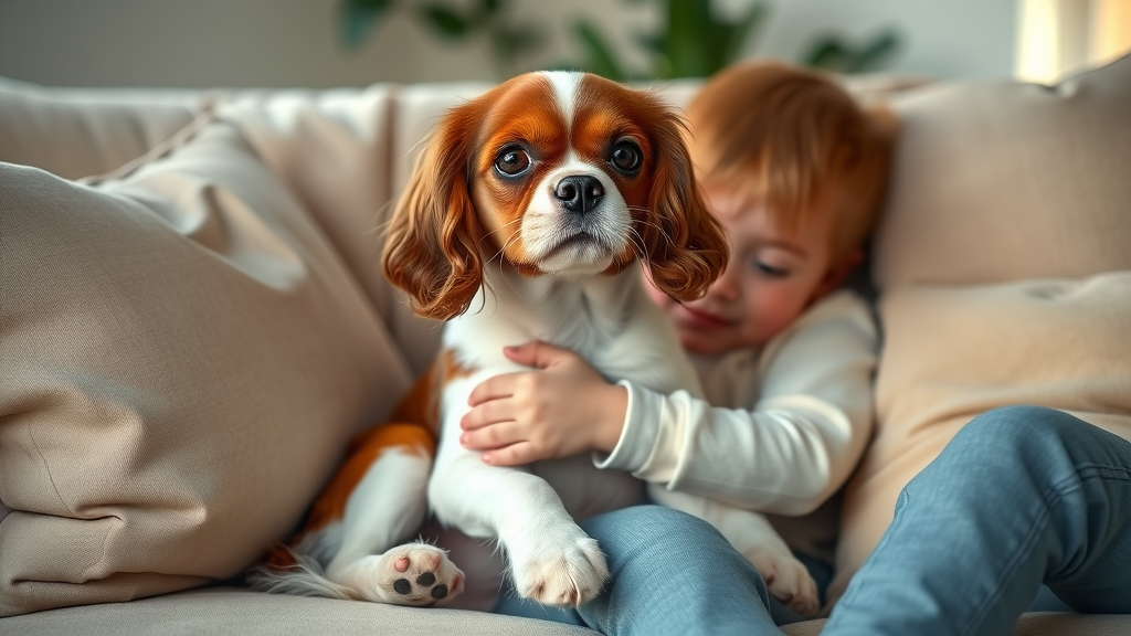 elegant cavalier king charles spaniel being cuddled by a young child on a sofa, graceful family dog.