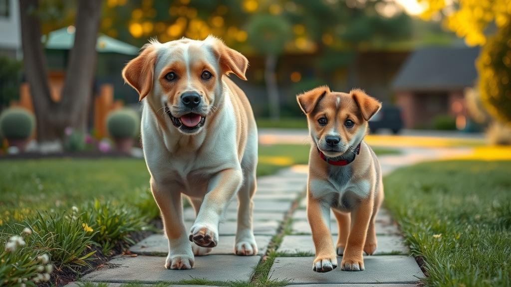 puppy socialization tips - Gentle senior dog and cautious older puppy walking together in a garden