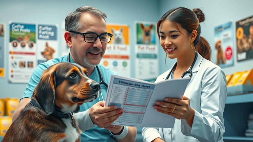 Veterinarian explaining elimination diet for dog food allergies, veterinary clinic, photorealistic detail.
