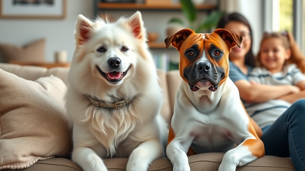 affectionate dog breeds Samoyed and Boxer sitting with family on sofa