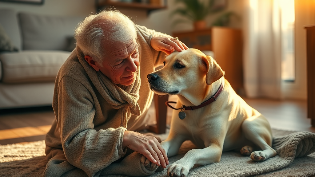 Tender moment between elderly dog and owner sharing gentle petting, peaceful end of life care for dogs