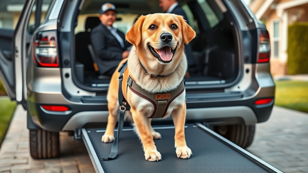 Senior dog with harness being guided on a ramp into vehicle—mobility aids for managing dog mobility issues, supportive pet care